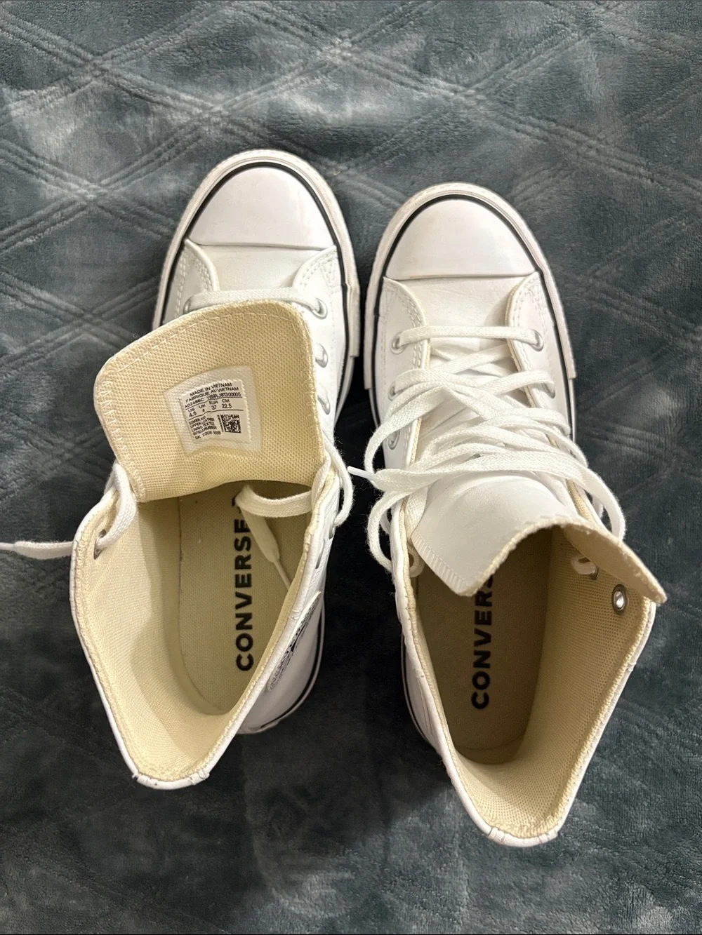 Converse White High-Top Leather Sneakers with Black Stripe